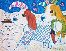 Beagle in the Snow Folk Art Print 8.5 x 11 Dog Collectible Snowman Winter Signed picture