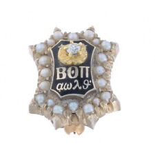 White Gold Beta Theta Pi Badge - 14k Diamond & Seed Pearl Greek Fraternity Pin picture