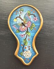 Peruvian Mini Glass Hand Mirror reverse painted Butterfly Blue Gold Pink 4” picture