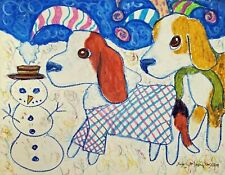 Beagle Snowman 13 x 19 Art Print Dog Collectible Signed by Artist KSams Winter picture