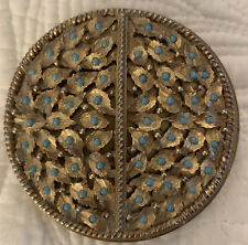 Vintage Gold Tone Leaf Design Rhinestone Femme Couture Mirror Compact  picture