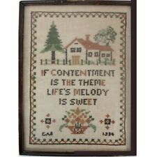 Antique '34 Cross Stitch Embroidery Sampler Glass Frame Contentment Sweet Melody picture