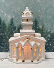 1997 White Porcelain Lighted Church With Gold Accents | Christmas Village Decor picture