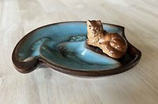 Vintage Brinn's Ceramic Brown Teal Trinket Dish Ashtray, Cat, Drip Glaze picture