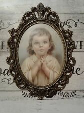 Vintage Ornate patina Metal Frame/Glass Child in Prayer Picture Framed picture