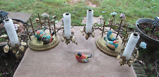 Antique French Gilt Ormolu Lamp Pair Porcelain Flowers Birds Boudoir 1920s No Re picture