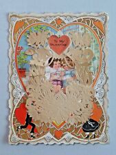 Antique Whitney Made Paper Lace Embellished Valentine Kids Eating Ice Cream 9952 picture