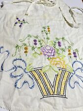 Vintage Hostess Full Bib Apron Cream Blue Purple Embroidery flowers picture