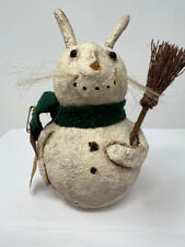 Folk Art Snowman Bunny Christmas Paper Mache Figurine Vintage Style picture
