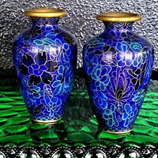 2 Vtg Chinese Cloisonne Cobalt Blue Floral Flowers Vases Brass Enamel 4