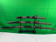 3pc Red Japanese Samurai Katana Sword Set w/ Stand Blade Weapon Collection Sharp picture