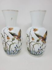 Pair Antique Victorian Bohemian Milk Glass Hand Painted Vases 10.5