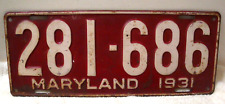 1931 Maryland 281-686 Vehicle Auto License Plate Red & White 15