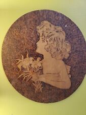 PYROGRAPHIC ART WOODEN DISK WITH  ART NOUVEAU GIRL DESIGN VINTAGE picture