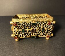 Antique Hand Made Blue Art Glass Trinket Box With Jewels In Gold Tone Filigree picture