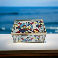 Joan Baker Design Jewelry Trinket Box Hand Painted Sailboat Hinged Mirror Bottom picture
