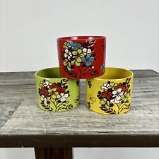 Tea Cups Bowls Kiln Fired Flowers Green Yellow Red Made in Japan VTG Set of 3 picture