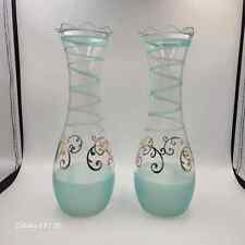 Vintage Aqua & Gold Mid-Century Modern Hand Painted Glass Vases - set of 2 picture
