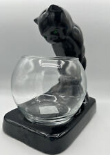 Vintage Black Cat Green Gem Eyes Pottery Sculpture with Fish Bowl Hand Made picture
