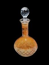 Vintage Etched Glass Amber Genie Bottle~Decanter~Carafe~Round Ball Stopper~11