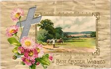 Vintage Postcard- BEST EASTER WISHES, PINK FLOWERS, CROSS, MAN AND HORSES IN A F picture