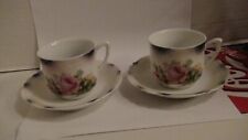 Antique Set of 2 PK Silesia German Porcelain Rink Rose Cups & Saucers picture
