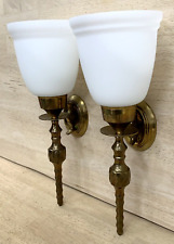 2 Vintage Large Heavy Twisted Brass Wall Candle Sconces & White Glass Shades picture
