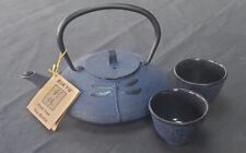 RIKYU CAST IRON TEA SET KETTLE AND 2 CUPS Blue on Black Dragonfly Design NOS picture