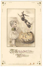 VINTAGE HALLOWEEN POSTCARD -- WINSCH  FLYING WITCH RISES FROM LIT JOL picture