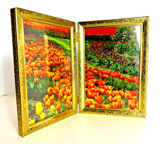 Vintage Bi-Fold Picture Frame Double 5x7 Gold Tone Metal Hinged picture