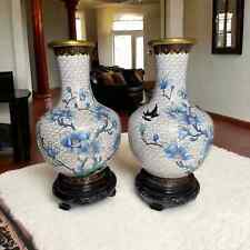 Chinese Enamel Brass Cloisonné Vases 8” Blue White Floral Bird Stands picture