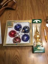 Vintage Christmas Ornaments Gold Treetop 5 Blue And Red Balls picture