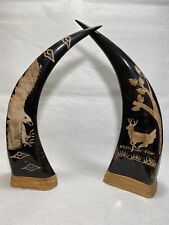 Carved Water Buffalo Horn Set 15 1/2” Tall ,Flying Eagle And Running Deer￼ picture