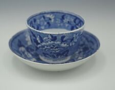 ANTIQUE c.1820 STAFFORDSHIRE HISTORIC BLUE TEA BOWL AND SAUCER PEARLWARE ORIENT picture