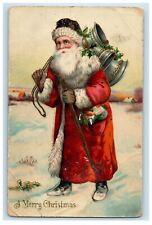 c1910 Christmas Old World Santa Gel Gold Gilt Bells Staff White Postcard picture
