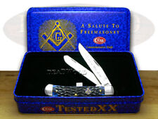 Case xx Masonic Trapper Knife Tin Gift Set Blue Bone Freemason Stainless 01058 picture