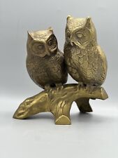 Vintage Large Mid Century Brass Two Owls On A Branch Statue Figurine Heavy picture
