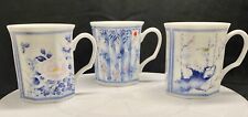 BEAUTY SET OF THREE JAPANESE TEA CUPS MUGS FLOWERED BLUE AND WHITE c1995 v/g picture