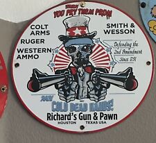 VINTAGE RICHARD'S GUN & PAWN SKULL COLT PORCELAIN METAL SPORTING GOODS SIGN picture