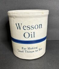 Antique Wesson Oil Crock Blue Stripe Stoneware Advertising Utensil Holder *READ picture