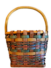 Vintage Storage Woven Basket Multicolor W/Handle Round Shape Handmade Heavy Duty picture