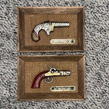 2 Vintage Gun Art Derringer Pistols Wooden Plaque From KI Japan 3-D picture