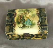 Antique Victorian Fabric Covered Jewelry Box w/ Painted Fragonard-Style Design picture