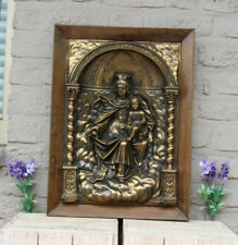 Antique French copper embossed madonna child relief plaque  framed religious picture