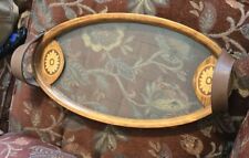 Vtg Handcrafted Wood Inlay Glass Serving Tray W Leather Handles Rustic Victorian picture
