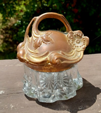 Antique Art Nouveau Ormolu Glass Small Dresser Box Jar Sculpted Floral Brass Lid picture