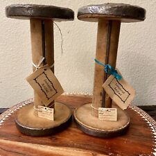 Vintage Wooden Industrial Bobbins Metal Binding Rings 9 inch Set of 2 TAGGED picture