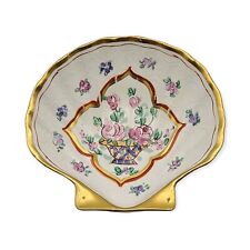 Vtg French Amogee Shell Trinket Dish Ashtray Hand Painted Porcelain Gold Floral picture