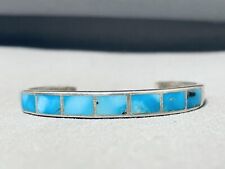 SUPERB VINTAGE NAVAJO INLAY TURQUOISE SQUARE CUT STERLING SILVER BRACELET picture