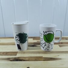 Lot of 2 Starbucks Ceramic Mugs Green Finger Paint Boy w Lid & Corgi Doodle Dogs picture